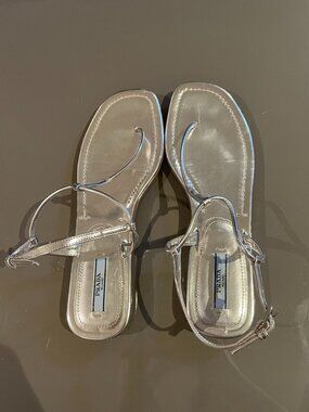 Prada Silver Metallic Leather Flat Sandals Women's EU 38 US 7.5